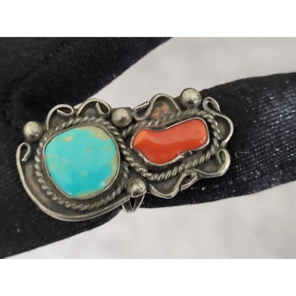 Vtg Navajo Native American Sterling Silver Turquoise Mediterranean Coral Ring 7" - Picture 3 of 6
